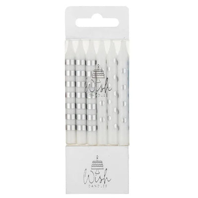 Pack of silver candles with 'Wish' branding on a white background