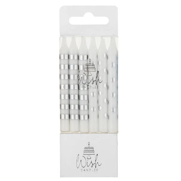 Pack of silver candles with 'Wish' branding on a white background