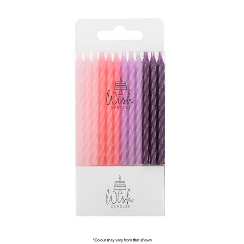 24 pink, lavender, and purple spiral candles in "Wish Candles" packaging.